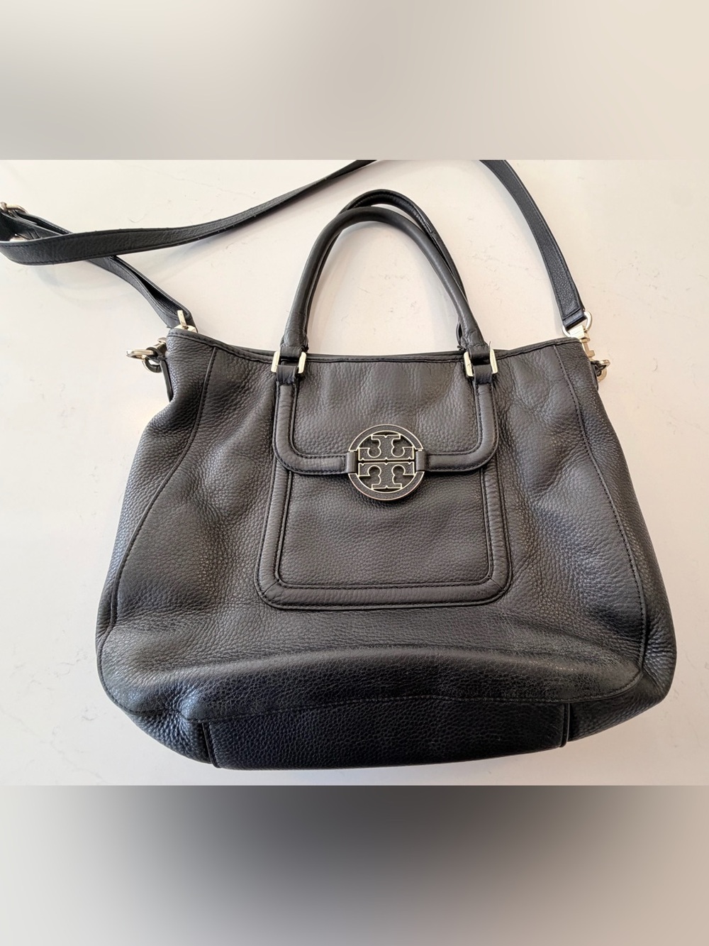 Tory Burch Black Pebbled Leather Tote with Strap and Logo Emblem